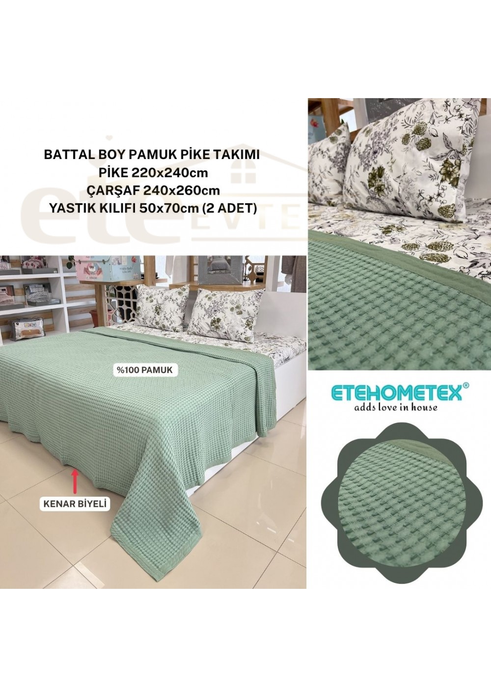 ETEHOMETEX ÇİFT KİŞİLİK HAVUZLU PİKE TAKIMI YEŞİL 8696474231881 ETEHOMETEX ÇİFT KİŞİLİK HAVUZLU PİKE TAKIMI YEŞİL 8696474231881